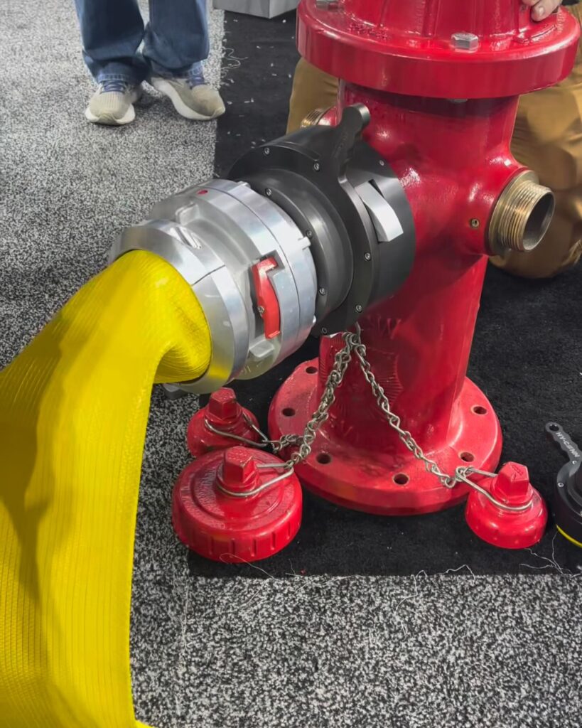 Hy-Conn quick connect fire hose fitting on hydrant